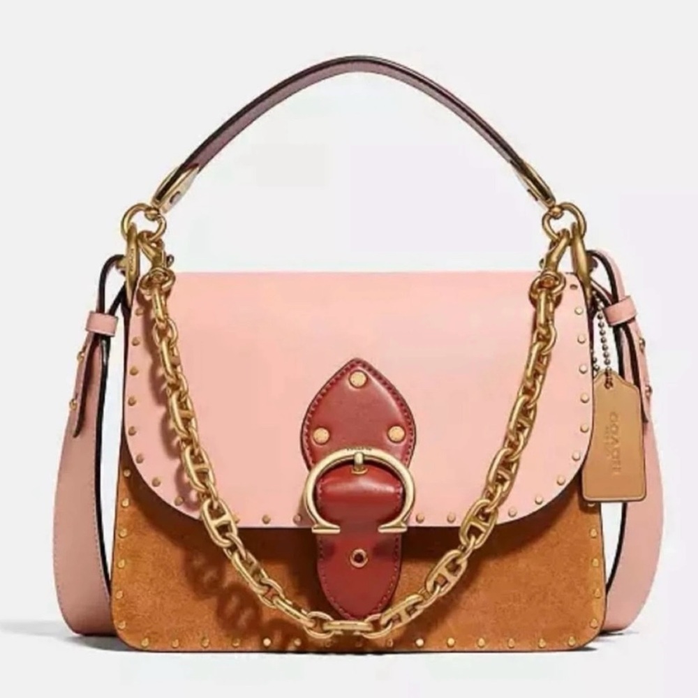 Coach Beat Colorblock Shoulder Bag Smooth Leather & Suede with Gold Chain Buckle
